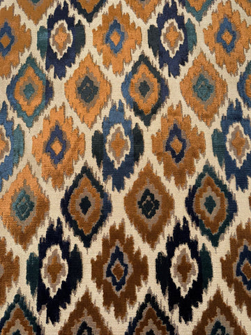 Zenith Diamond Sculptured Blue & Mustard Mix Velvet Upholstery Fabric